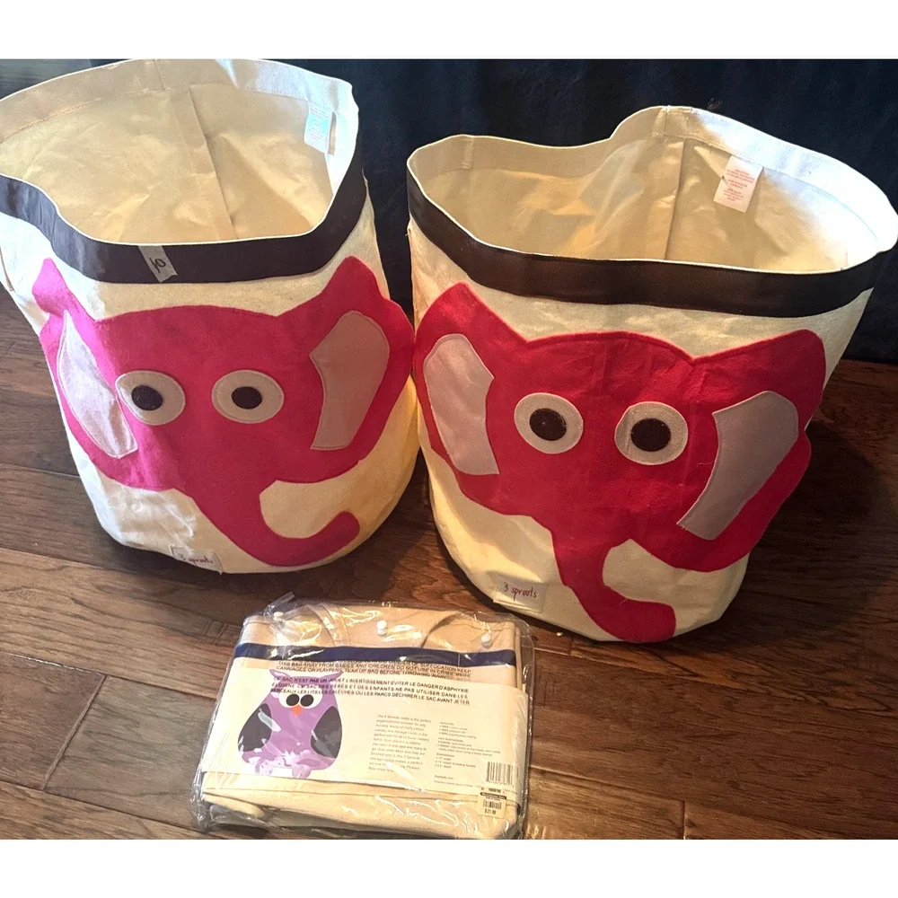 3 Sprouts Canvas Storage Bins Laundry Toy Basket Kids set of 3 elephant owl